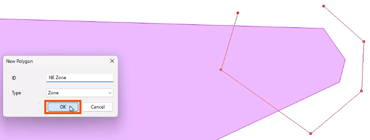 In the GeoExplorer window, a polygon being created, and in the New Polygon dialog, an ID entered, with OK being selected and highlighted in red.