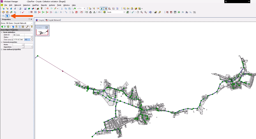 In the GeoExplorer toolbar, Open associated item selected and called out with a red arrow. In the GeoExplorer window, a zone selected and the associated network displayed.