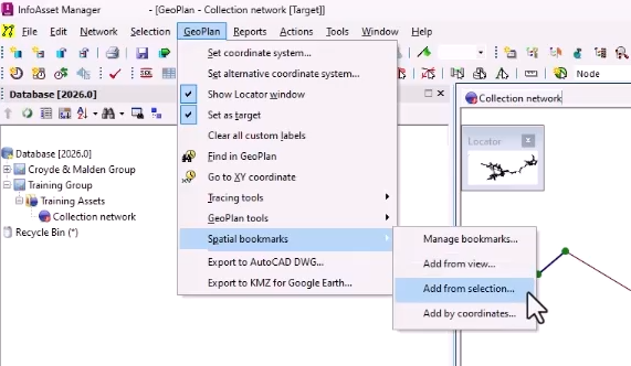 In the GeoPlan menu, Spatial bookmarks selected, and in the flyout, Add from selection highlighted and being selected.