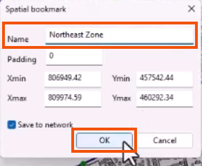 The Spatial bookmark dialog, with a Name added and highlighted in red, and OK being selected and highlighted in red.