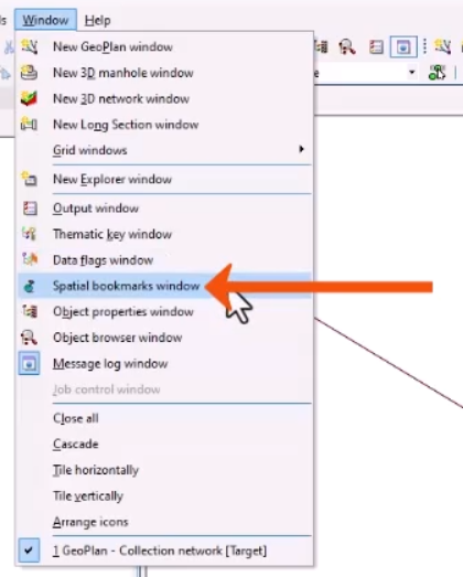 The Windows menu expanded, with Spatial bookmarks window being selected and called out with a red arrow.