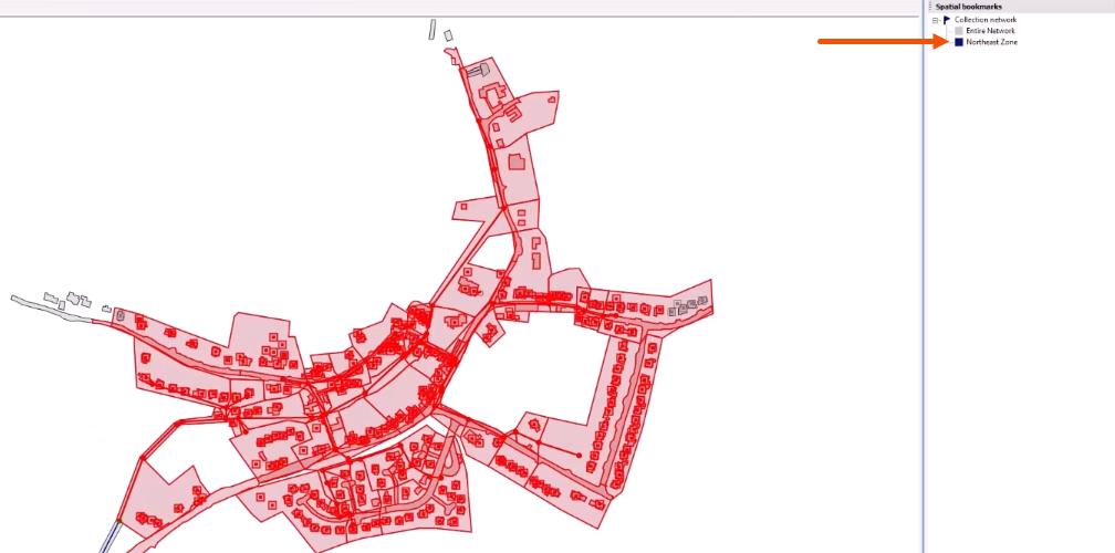 In the Spatial bookmarks window, Northeast Zone selected and called out with a red arrow, with the GeoPlan zoomed to the selected bookmark.