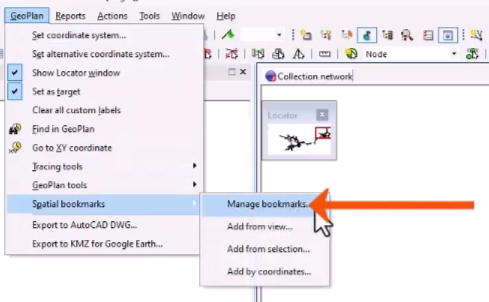 The GeoPlan menu expanded, with Spatial bookmarks selected, and in the flyout, Manage bookmarks being selected and called out with a red arrow.