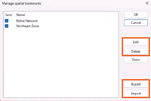 The Manage spatial bookmarks dialog, with the Edit, Delete, Export, and Import buttons highlighted in red.