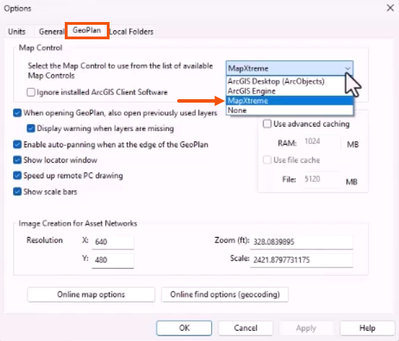 The Options dialog, with the GeoPlan tab selected and highlighted in red, and the Map Control drop-down expanded, with MapXtreme being selected and called out with a red arrow.