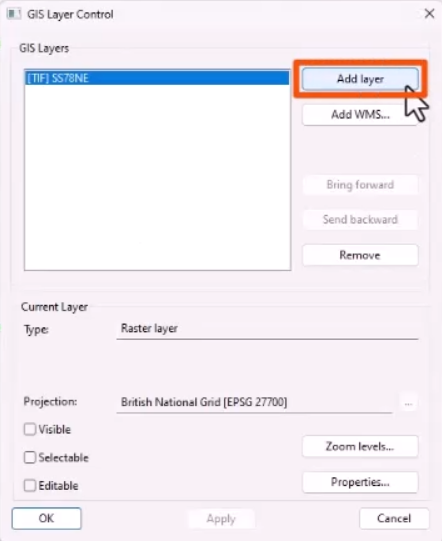 The GIS Layer control dialog, with Add layer being selected and highlighted in red.