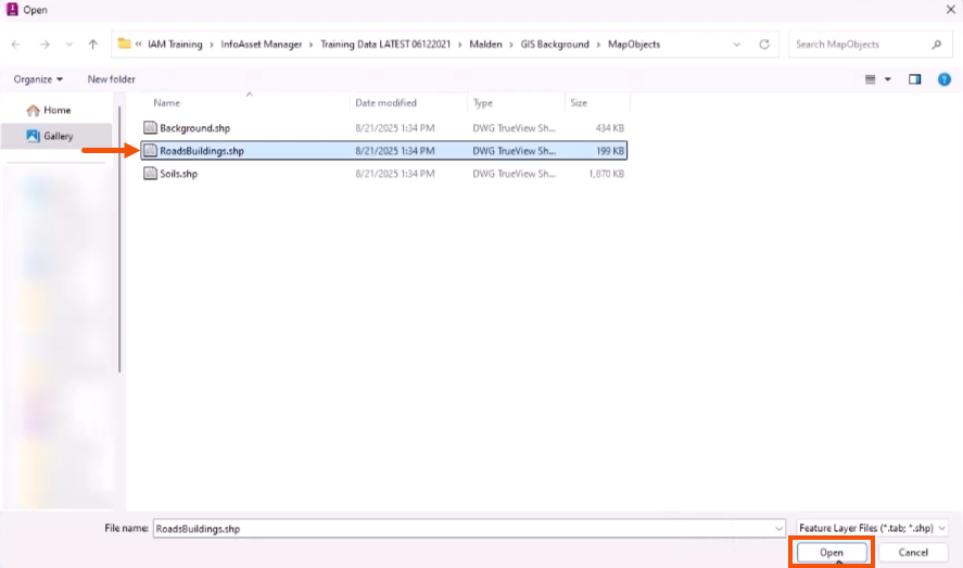 The Open dialog, with a GIS layer selected and called out with a red arrow, and Open being selected and highlighted in red.