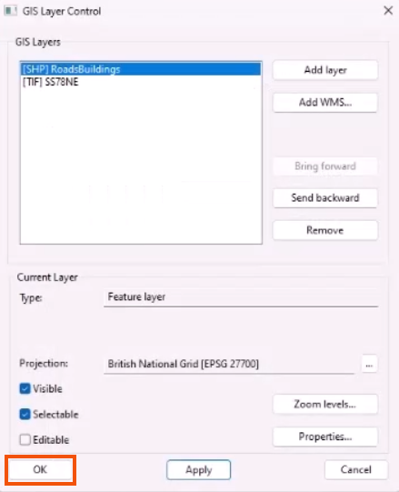 The GIS Layer control dialog, with OK highlighted in red.