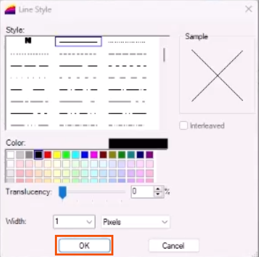 In the Line Style dialog, options to set the style, color, translucency and width of line styles, with the OK button highlighted in red.