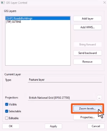The GIS Layer Control dialog with Zoom levels being selected and highlighted in red.