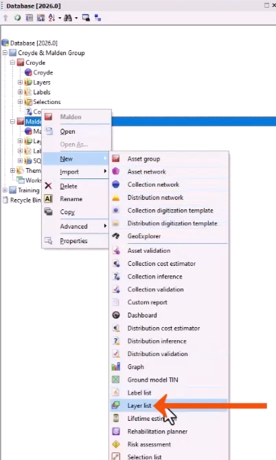 The Explorer window, with the context menu for the Asset Group expanded, with New selected, and, in the flyout, Layer list being selected and called out with a red arrow.