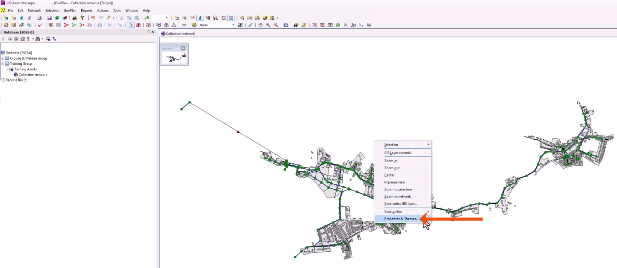 In the InfoAsset Manager interface, the context menu for the GeoPlan expanded, with Properties & Themes being selected and called out with a red arrow.
