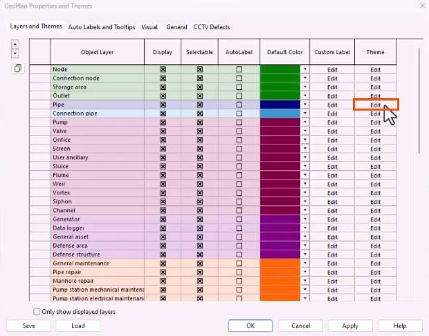 In the GeoPlan Properties and Themes dialog, in the Theme column of the Pipe row, Edit being clicked and highlighted in red.