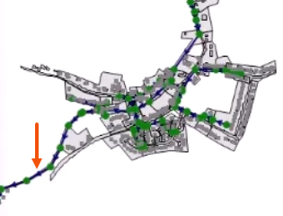 In the GeoPlan, an arrow added to each pipe link, with a red arrow calling out one of the arrows.