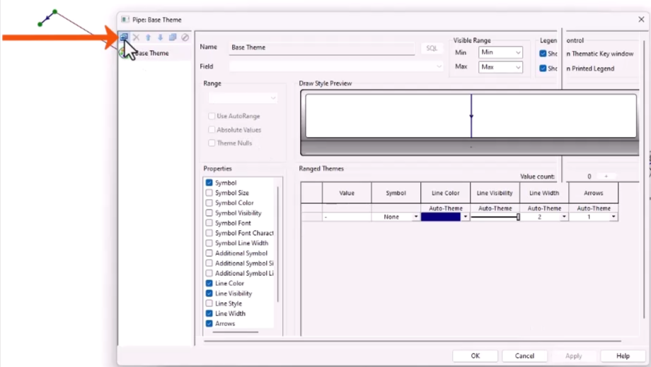 In the left pane of the Layer Theme Editor, on the toolbar, Add New being selected and called out with a red arrow.