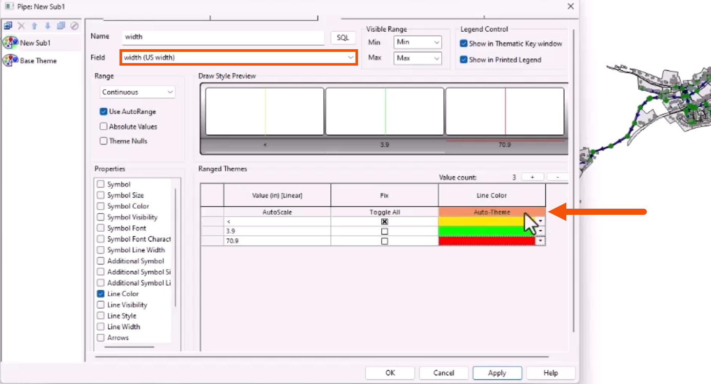 In the Layer Theme Editor, with the Field drop-down set to width and colors set for the narrowest and widest pipes, Auto-Theme being clicked and called out with a red arrow.