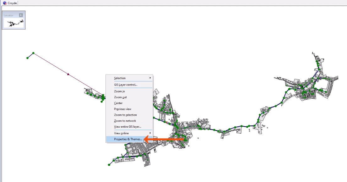The GeoPlan, with the context menu expanded, and Properties & Themes being selected and called out with a red arrow.