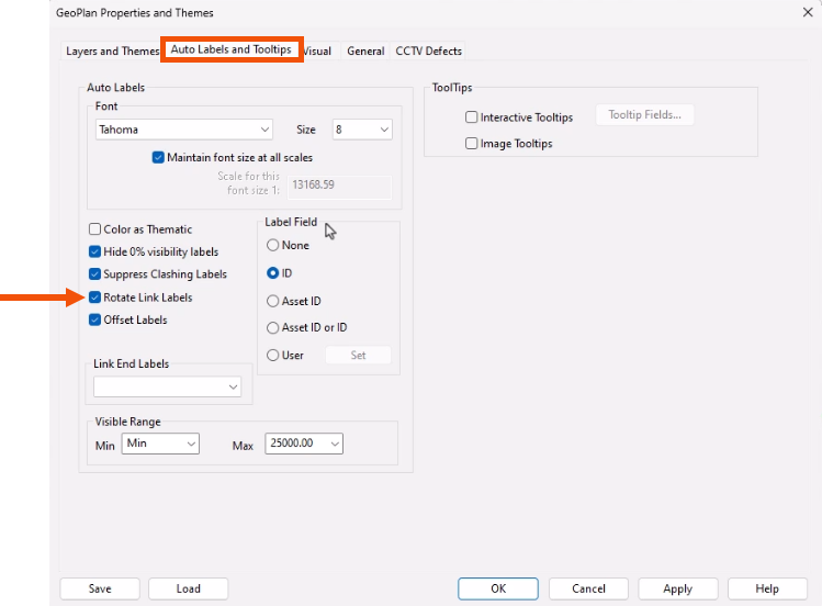 The GeoPlan Properties and Themes dialog, with the Auto Labels and Tooltips tab active and highlighted in red, and Rotate Link Labels selected and called out with a red arrow.