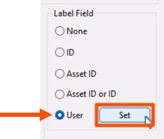 The Label Field group of the Auto Labels and Tooltips tab, with User selected and called out with a red arrow, and Set being selected and highlighted in red.