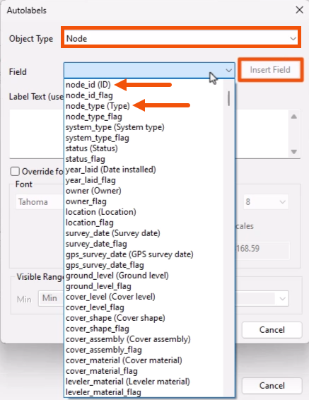 In the Autolabels dialog, the Object Type set to Node, the Field drop-down expanded with node_id and node_type called out with red arrows, and the Insert Field button highlighted in red.