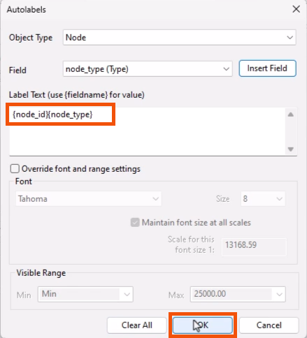 The Autolabels dialog, with the Label Text box entries highlighted in red, and OK being selected and highlighted in red.