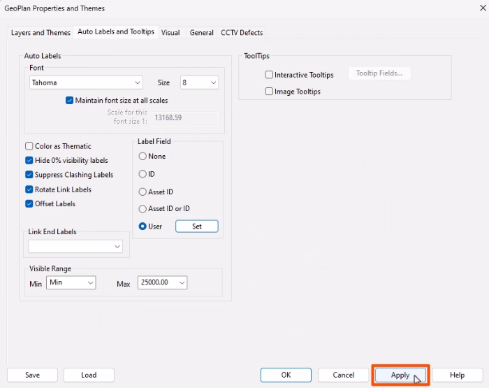 The GeoPlan Properties and Themes dialog, with Apply being selected and highlighted in red.