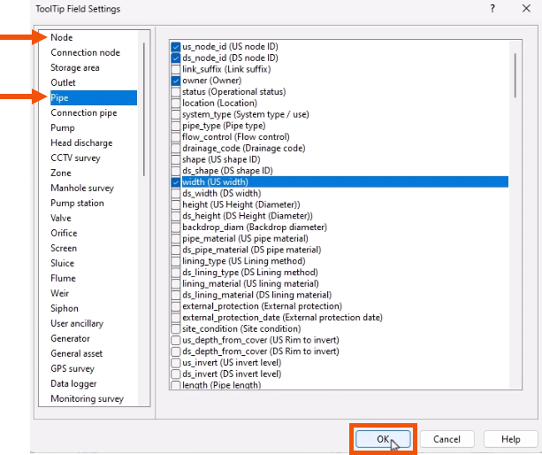 In the Tooltip Field Settings dialog, Node and Pipe called out with red arrows in the object list, and in the field list, several fields selected for the active Pipe object, with OK being selected and highlighted in red.