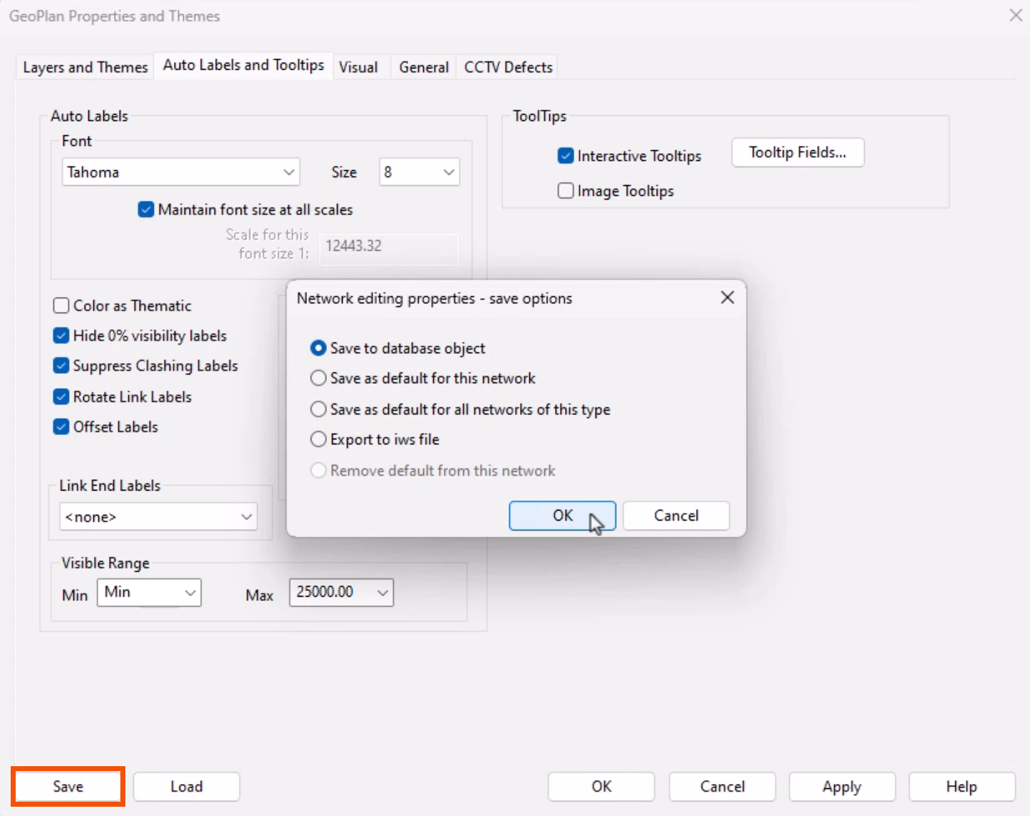 In the GeoPlan Properties and Themes dialog, Auto Labels and Tooltips tab, Save highlighted in red, and in the popup, a save option selected with OK being selected.