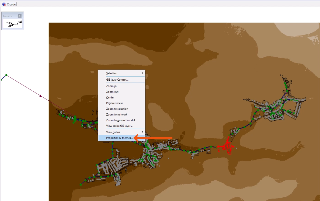 The GeoPlan, with the context menu expanded, and Properties & themes being selected and called out with a red arrow.