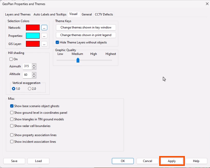 In the GeoPlan Properties and Themes dialog, the Visual tab active and the Apply button highlighted in red.