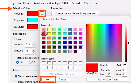 On the Visual tab, the Selection Colors group called out with a red arrow and More (…) highlighted in red next to Network. The Choose Selection Color dialog is also open, with a color selected and OK highlighted in red.