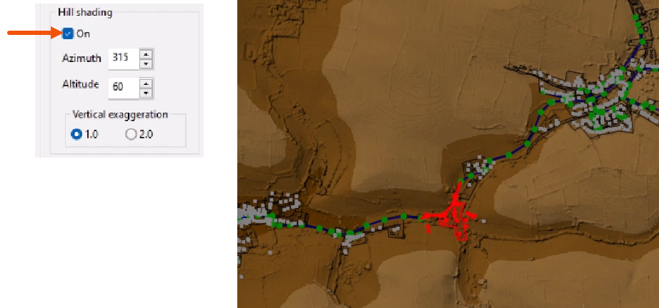 On the left, in the Hill shading group, the On option selected and called out with a red arrow. On the right, the GeoPlan with an example of hill shading applied.