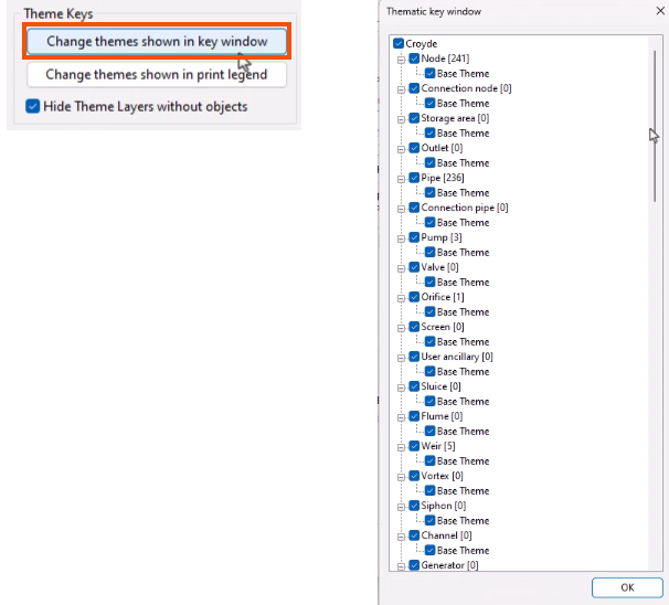 On the left, the Theme Keys group of the Visual tab, with Change themes shown in key window selected and highlighted in red. On the right, in the Thematic key window, a list of theme layers with checkboxes next to each.