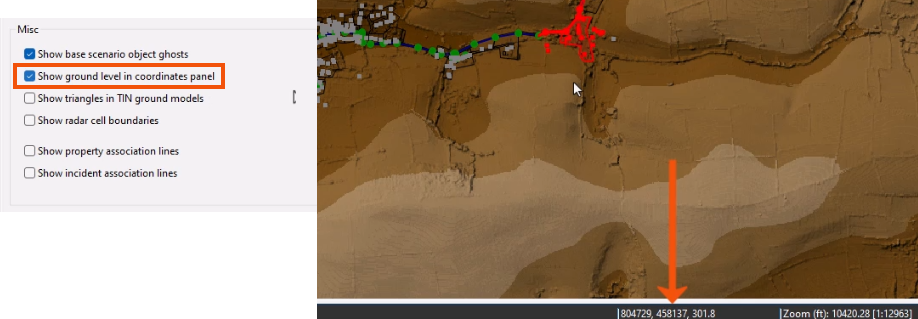 On the left, the Miscellaneous group of settings, with Show ground level in coordinates panel selected and highlighted in red; and on the right, the GeoPlan updated to show the ground level in the status bar, called out with a red arrow.