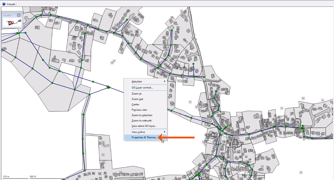 The GeoPlan, with the context menu expanded, and Properties & Themes being selected and called out with a red arrow.