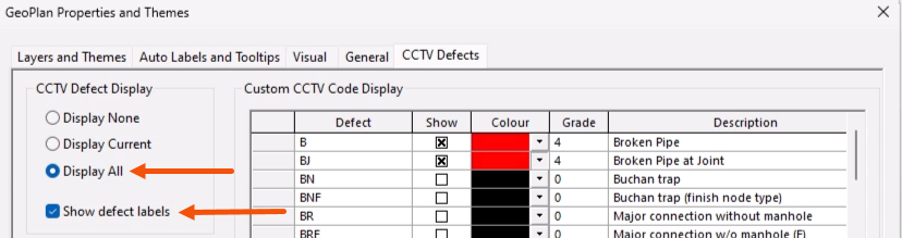 On the CCTV Defects tab, in the CCTV Defect Display group, Display All and Show defect labels selected and called out with red arrows.