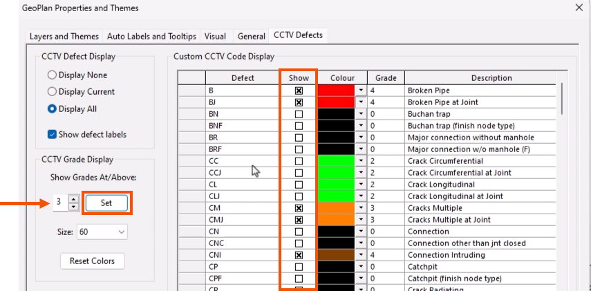 On the CCTV Defects tab, in the CCTV Grade Display group, the Grade set to 3 and called out with a red arrow, the Set button highlighted in red, and the Show column highlighted in red to show the appropriate values selected.