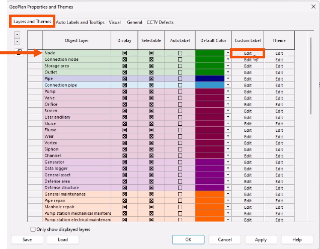 In the GeoPlan Properties and Themes dialog, on the Layers and Themes tab, the Node row called out with a red arrow, with Edit being selected and highlighted in red.