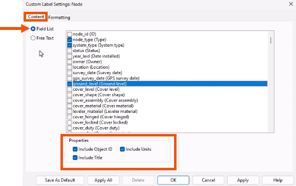 In the Custom Label Settings dialog, the Content tab active and highlighted in red, Field List selected and called out with a red arrow, and the Properties group highlighted in red.