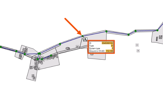 The GeoPlan, with the node selected and called out with a red arrow, and the custom label highlighted in red.