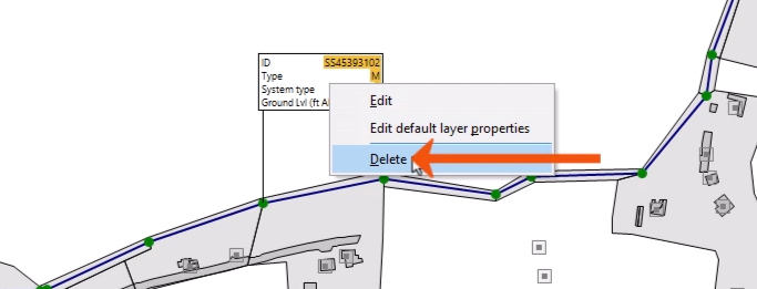 On the GeoPlan, the context menu for the custom label expanded, with Delete being selected and called out with a red arrow.