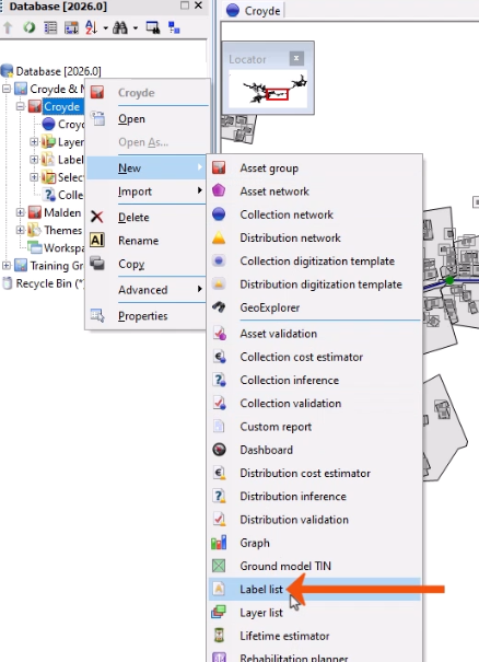 In the Explorer window, the context menu for an Asset Group expanded with New selected, and in the flyout, Label list being selected and called out with a red arrow.