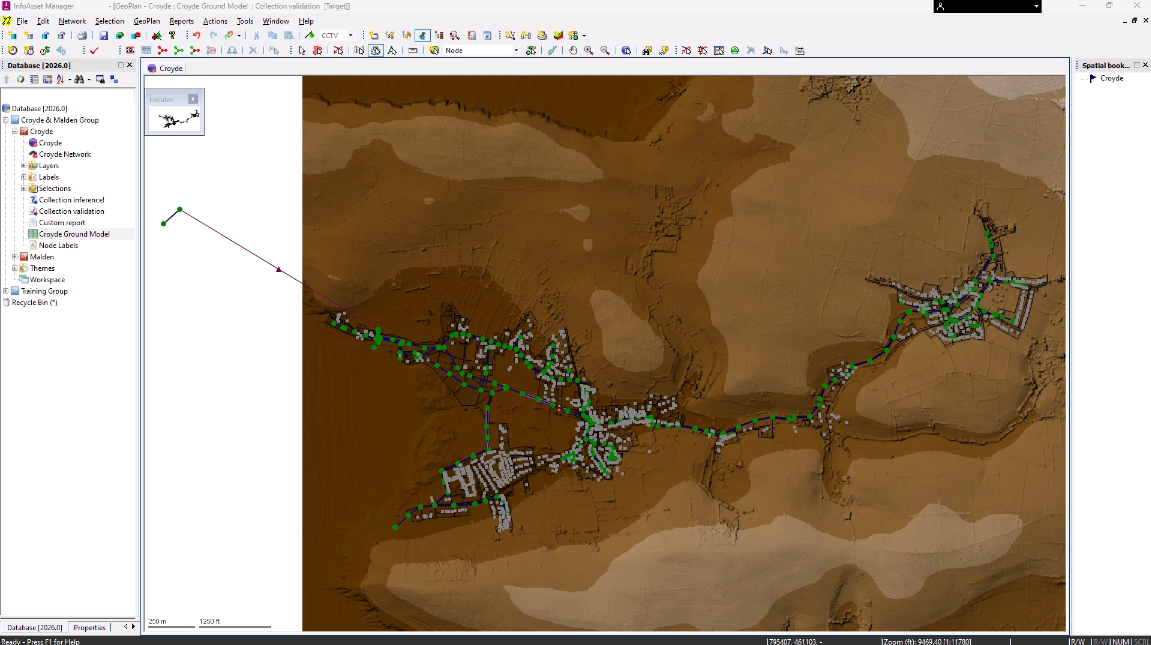 The InfoAsset Manager interface, with a network model and ground model loaded onto the GeoPlan.