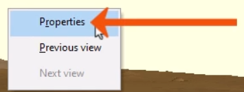 The context menu for the 3D view expanded, with Properties being selected and called out with a red arrow.