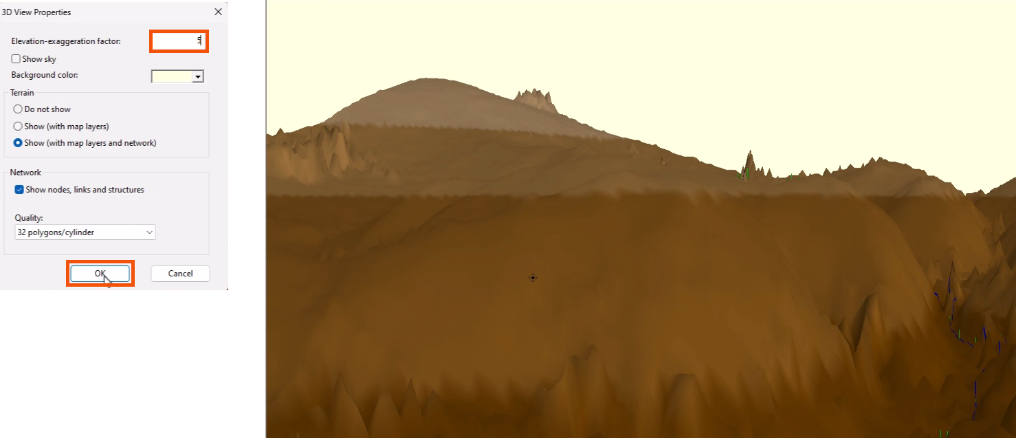 On the left, in the 3D View Properties dialog, the Elevation-exaggeration factor set to 5 and OK being selected, both highlighted in red. On the right, the 3D view with the elevation-exaggeration adjusted.