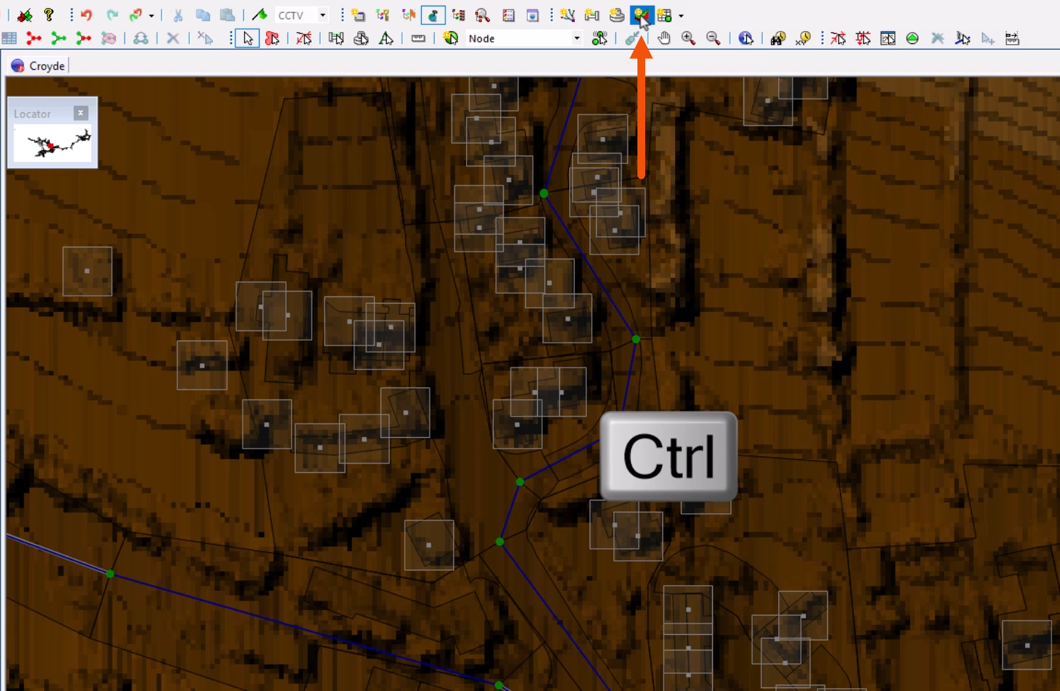 In the 3D view, the GeoPlan zoomed to display only some of the selected objects, and on the Windows toolbar, New 3D network window being clicked and called out with a red arrow, with an image of the Ctrl key.