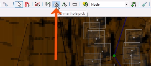 On the GeoPlan Tools toolbar, 3D manhole pick being selected and called out with a red arrow.