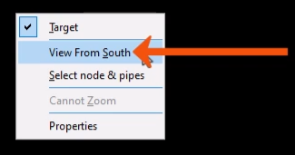 The context menu for the 3D manhole view expanded, with View From South being selected and called out with a red arrow.