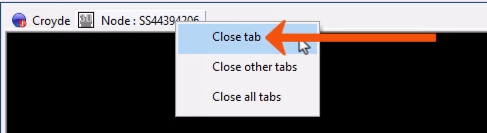 The expanded context menu for the window tab, with Close tab being selected and called out with a red arrow.