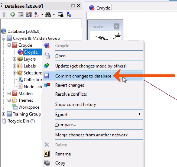 The Explorer window, with the context menu for the network expanded, and Commit changes to database being selected and called out with a red arrow.